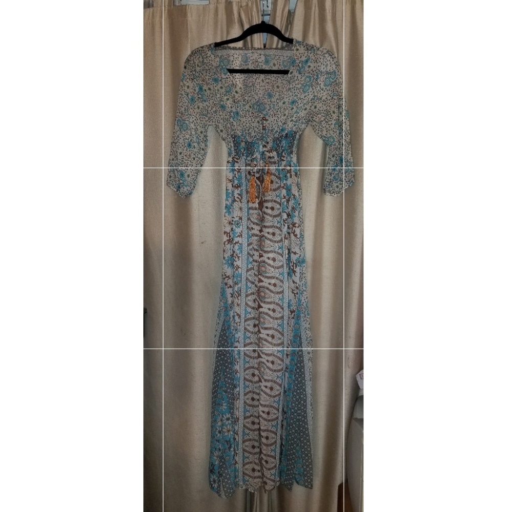 Long Sheer Turquoise Cream & Brown Cover Up Dress